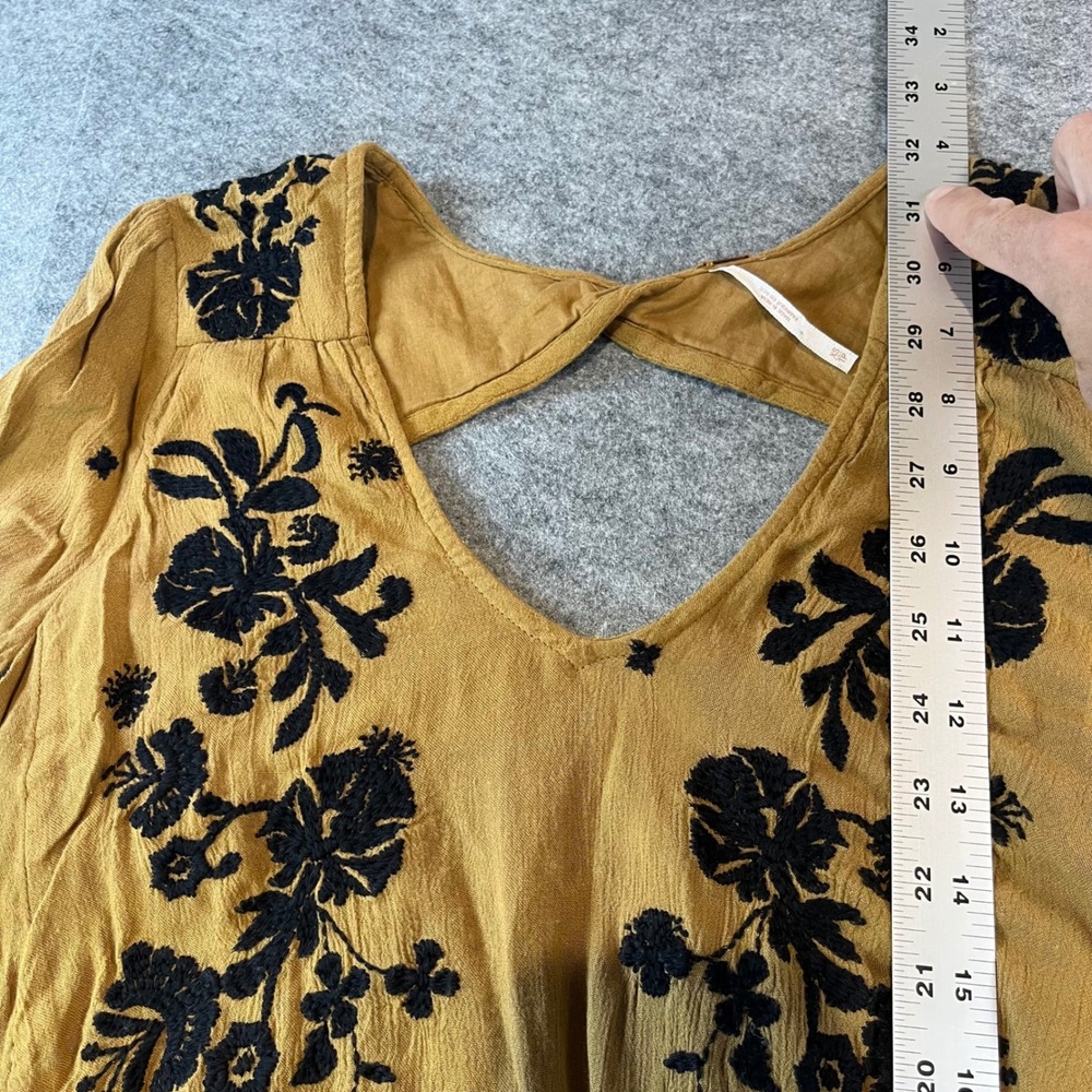 Free People Women Embroidered Mini Dress Mustard Boho Cottagecore XS Long Sleeve - Picture 5 of 7
